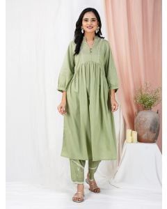 Green Embroidered Cotton Kurta with Pants - Set of 2