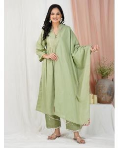 Green Embroidered Cotton Suit - Set of 3