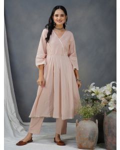Pink Embroidered Cotton Kurta with Pants - Set of 2