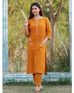 Mustard Yellow Embroidered Cotton Kurta with Pants - Set of 2