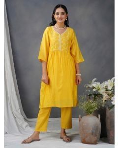 Yellow Embroidered Chanderi Kurta with Pants - Set of 2