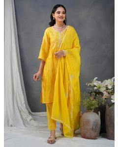 Yellow Embroidered Chanderi Suit - Set of 3