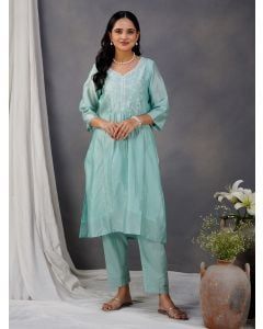 Sea Green Embroidered Chanderi Kurta with Pants - Set of 2