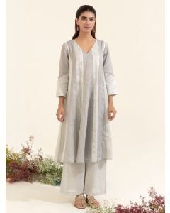 Grey White Hand Embroidered Tissue Kurta with Pants - Set of 2