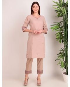 Beige Embroidered Cotton Kurta with Pants - Set of 2