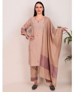 Beige Embroidered Cotton Suit - Set of 3