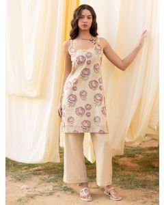 Beige Hand Block Printed Cotton Kurta with Pants - Set of 2