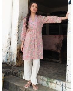 Pink Hand Block Printed Cotton Kurta with Pants - Set of 2