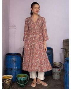 Red Hand Block Printed Cotton Kurta with Pants - Set of 2