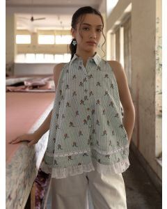White Blue Hand Block Printed Cotton Shirt