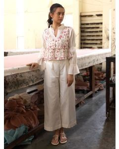 White Cotton Top with Hand Block Printed Waistcoat - Set of 2