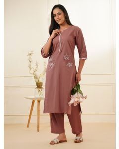 Wine Embroidered Cotton Kurta with Pants - Set of 2