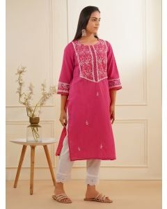 Pink Embroidered Cotton Kurta with Pants - Set of 2