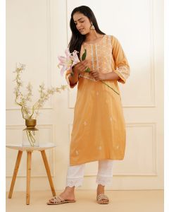 Orange Embroidered Cotton Kurta with Pants - Set of 2