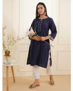 Blue Embroidered Cotton Kurta with Pants - Set of 2