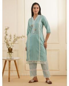 Sky Blue Embroidered Cotton Dobby kurta with Pants - Set of 2