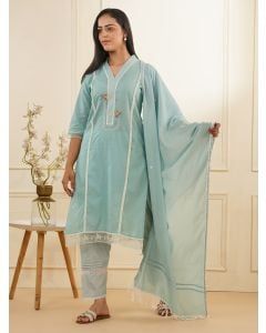Sky Blue Embroidered Cotton Dobby Suit - Set of 3