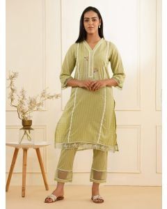 Lemon Yellow Embroidered Cotton Dobby Kurta with Pants - Set of 2