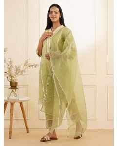 Lemon Yellow Embroidered Cotton Dobby Suit - Set of 3