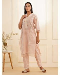 Pink Embroidered Cotton Dobby Kurta with Pants - Set of 2