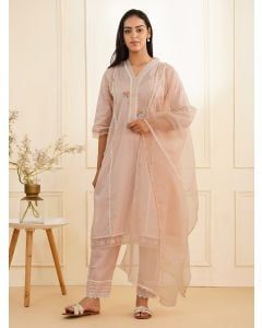 Pink Embroidered Cotton Dobby Suit - Set of 3