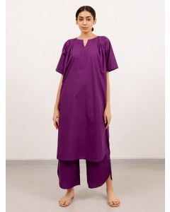 Purple Cotton Poplin Kurta with Pants- Set of 2