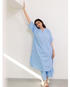 Light Blue Cotton Poplin Kurta with Pants- Set of 2