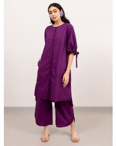 Purple Bead Work Cotton Poplin Tunic with Pants- Set of 2