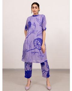 Purple Printed Viscose Silk Tunic with Pants- Set of 2