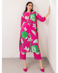 Pink Green Printed Cotton Kurta with Pants- Set of 2