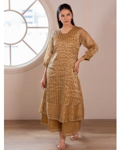Golden Woven Striped Chanderi Silk Kurta with Pants- Set of 2