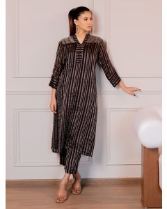 Black Woven Striped Chanderi Silk Kurta with Pants- Set of 2