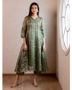 Green Woven Striped Chanderi Silk Kurta with Slip and Pants- Set of 2