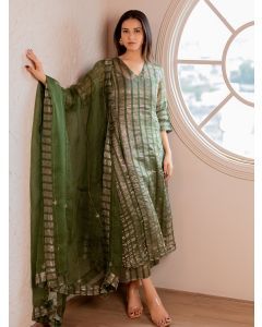Green Woven Striped Chanderi Silk Suit- Set of 3