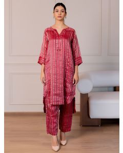 Maroon Woven Striped Chanderi Silk Kurta with Pants- Set of 2