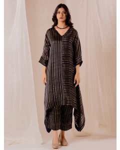 Black Woven Striped Chanderi Silk Kurta with Slip and Pants- Set of 2