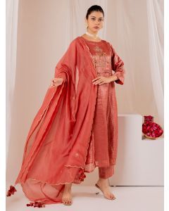 Old Rose Embroidered Chanderi Silk Suit- Set of 3