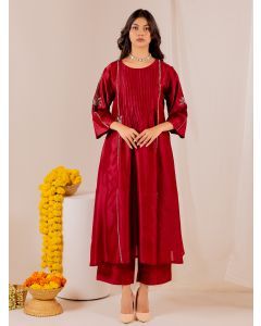 Maroon Zardozi Embroidered Chanderi Silk Kurta with Pants- Set of 2