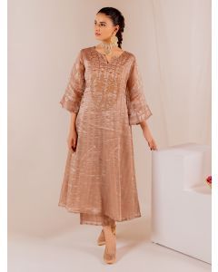 Beige Zardozi Work Chanderi Silk Kurta with Pants- Set of 2