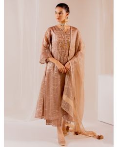 Beige Zardozi Work Chanderi Silk Suit- Set of 3