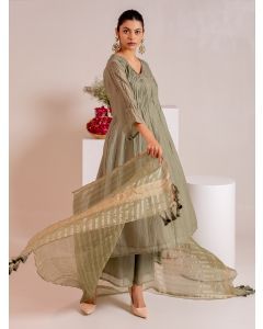 Sage Green Chanderi Silk Suit- Set of 3