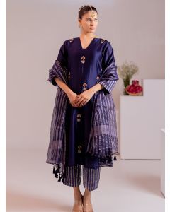 Indigo Embroidered Chanderi Kurta with Pants- Set of 2