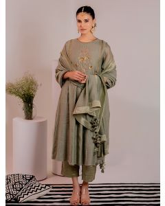 Green Hand Embroidered Chanderi Suit- Set of 3