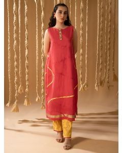 Pink Hand Block Printed Kurta with Pants- Set of 2
