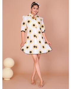 White Yellow Hand Block Printed Cotton Dress