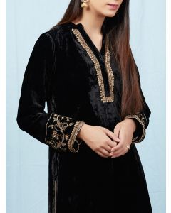 Black Velvet Silk Zardozi Embroidered Kurta with Rayon Pants - Set of 2