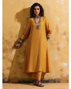 Mustard Yellow Muslin Silk Kurta with Pants- Set of 2