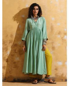 Mint Green Muslin Silk Kurta with Pants- Set of 2