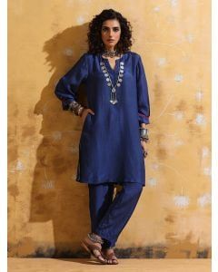 Blue Muslin Silk Kurta with Pants- Set of 2