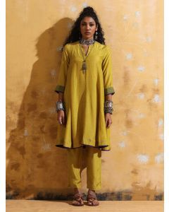 Lime Yellow Muslin Silk Kurta with Pants- Set of 2